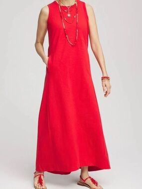 Chico’s Size 2 US 12 Large Tomato Red Maxi Dress Lagenlook Sleeveless Loose Fit